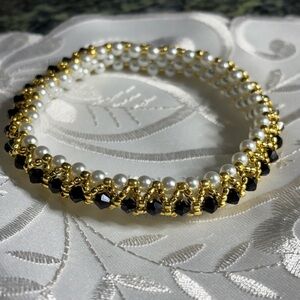 Hand Crafted Pearl Bangle Bracelet with Black and Gold accent beads size large